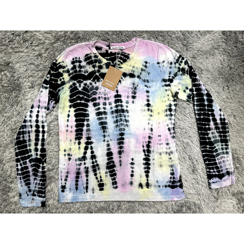 Reformation Eddie Long Sleeve Tee In Black Rainbow Pistachio Stripe Size M